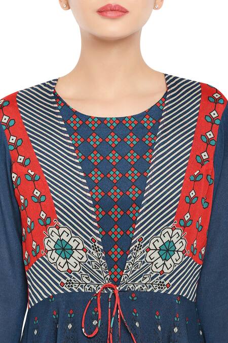 Soup By Sougat Paul_Blue Crepe Geometric Motifs Jumpsuit Round Jacket V-neck Tie Up And Draped _at_Aza_Fashions