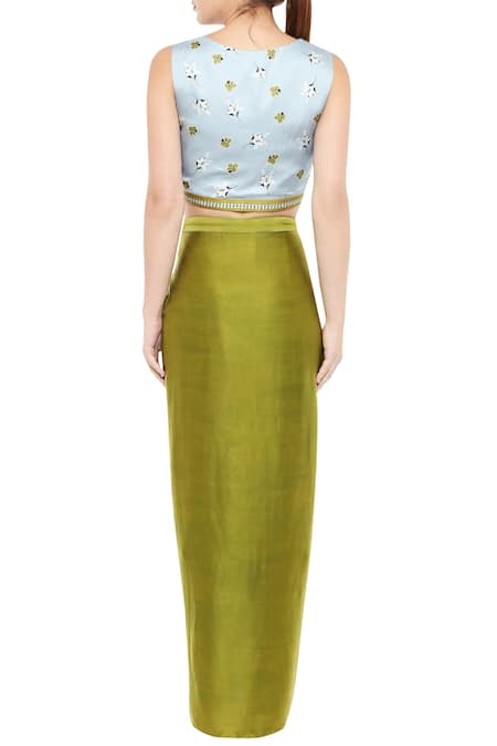 Shop Soup By Sougat Paul Green Round Draped Dhoti Skirt Set Online at Aza Fashions Shop_Soup By Sougat Paul_Green Round Draped Dhoti Skirt Set _Online_at_Aza_Fashions
