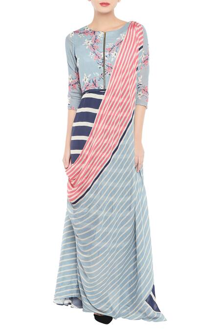 Soup By Sougat Paul_Blue Crepe Floral, Striped Round Neck Pre-draped Printed Saree Gown _Online_at_Aza_Fashions