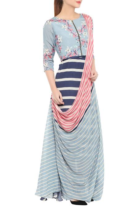 Buy_Soup By Sougat Paul_Blue Crepe Floral, Striped Round Neck Pre-draped Printed Saree Gown _Online_at_Aza_Fashions