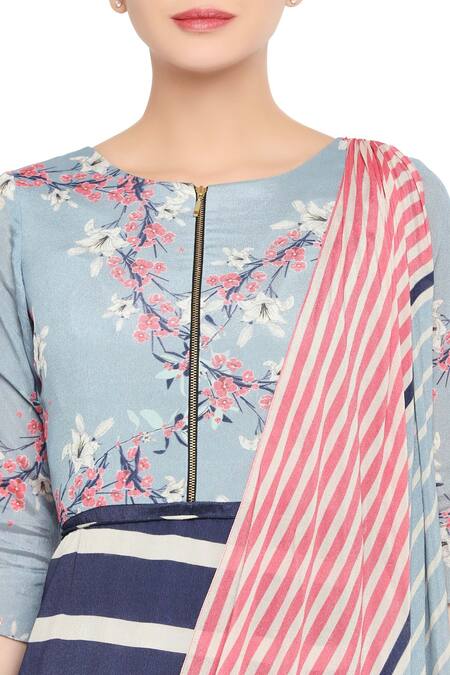 Shop_Soup By Sougat Paul_Blue Crepe Floral, Striped Round Neck Pre-draped Printed Saree Gown _Online_at_Aza_Fashions