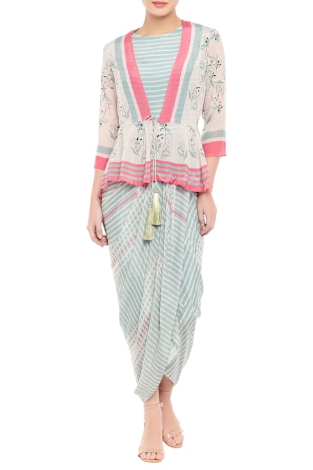 Soup By Sougat Paul Blue Crepe Floral, Stripes Dress Round Neck, Jacket With Peplum Online at Aza Fashions Soup By Sougat Paul_Blue Crepe Floral, Stripes Dress Round Neck, Jacket With Peplum _Online_at_Aza_Fashions