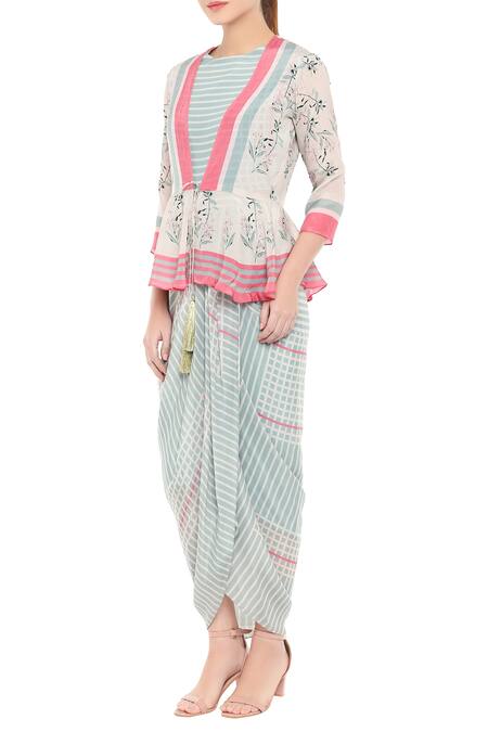 Buy Soup By Sougat Paul Blue Crepe Floral, Stripes Dress Round Neck, Jacket With Peplum Online at Aza Fashions Buy_Soup By Sougat Paul_Blue Crepe Floral, Stripes Dress Round Neck, Jacket With Peplum _Online_at_Aza_Fashions