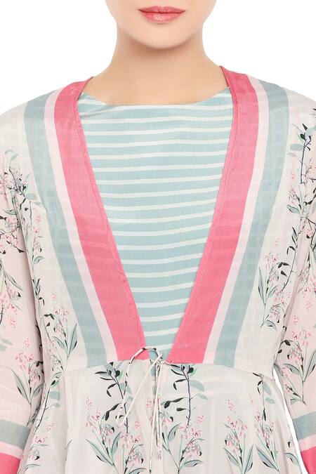 Shop Soup By Sougat Paul Blue Crepe Floral, Stripes Dress Round Neck, Jacket With Peplum Online at Aza Fashions Shop_Soup By Sougat Paul_Blue Crepe Floral, Stripes Dress Round Neck, Jacket With Peplum _Online_at_Aza_Fashions