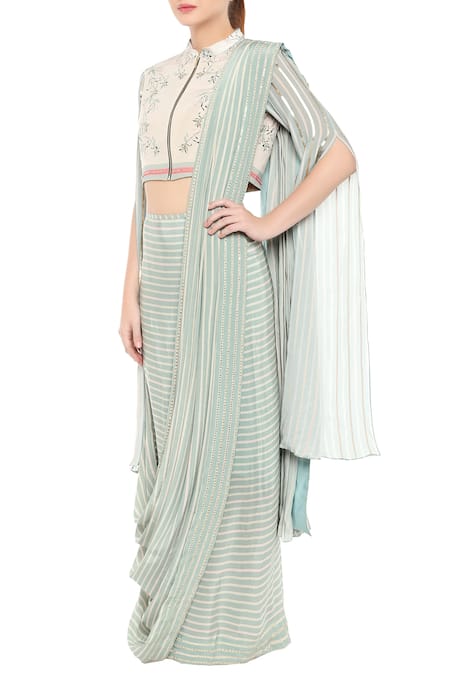 Buy_Soup By Sougat Paul_Blue Crepe Floral, Sequin, Striped Mandarin Pre-pleated Skirt Saree With Blouse _Online_at_Aza_Fashions