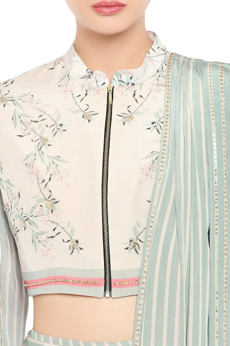 Shop_Soup By Sougat Paul_Blue Crepe Floral, Sequin, Striped Mandarin Pre-pleated Skirt Saree With Blouse _Online_at_Aza_Fashions