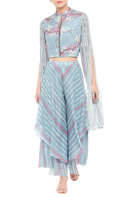 Soup By Sougat Paul Blue Crepe Floral Motifs, Striped Mandarin Printed Crop Top And Layered Palazzo Online at Aza Fashions Soup By Sougat Paul_Blue Crepe Floral Motifs, Striped Mandarin Printed Crop Top And Layered Palazzo _Online_at_Aza_Fashions