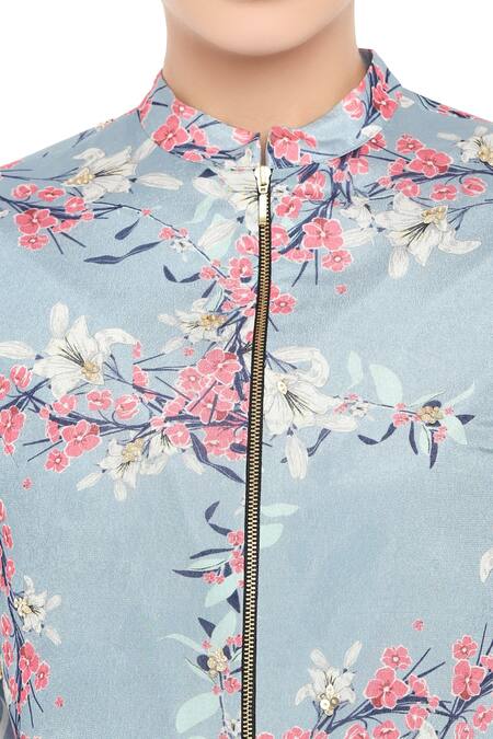 Shop Soup By Sougat Paul Blue Crepe Floral Motifs, Striped Mandarin Printed Crop Top And Layered Palazzo Online at Aza Fashions Shop_Soup By Sougat Paul_Blue Crepe Floral Motifs, Striped Mandarin Printed Crop Top And Layered Palazzo _Online_at_Aza_Fashions