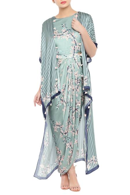Soup By Sougat Paul Blue Floral, Stripe Printed Draped Dress With Jacket Online at Aza Fashions Soup By Sougat Paul_Blue Floral, Stripe Printed Draped Dress With Jacket _Online_at_Aza_Fashions