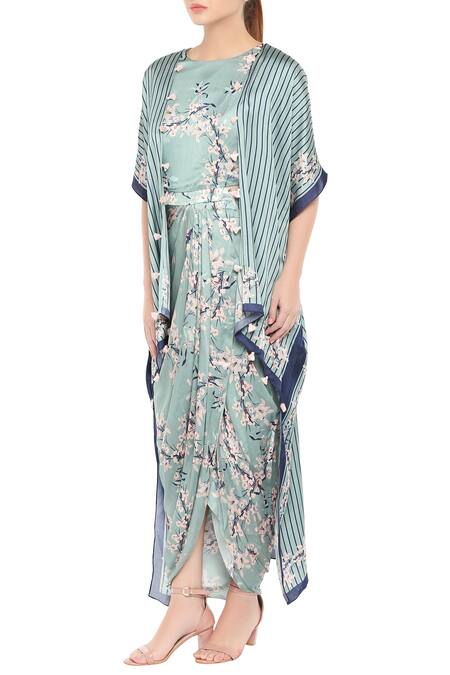 Buy Soup By Sougat Paul Blue Floral, Stripe Printed Draped Dress With Jacket Online at Aza Fashions Buy_Soup By Sougat Paul_Blue Floral, Stripe Printed Draped Dress With Jacket _Online_at_Aza_Fashions