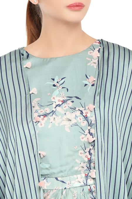 Soup By Sougat Paul Blue Floral, Stripe Printed Draped Dress With Jacket at Aza Fashions Soup By Sougat Paul_Blue Floral, Stripe Printed Draped Dress With Jacket _at_Aza_Fashions