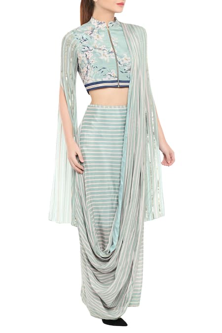 Soup By Sougat Paul_Blue Crepe Floral, Sequin, Striped Mandarin Pre-pleated Skirt Saree With Blouse _Online_at_Aza_Fashions