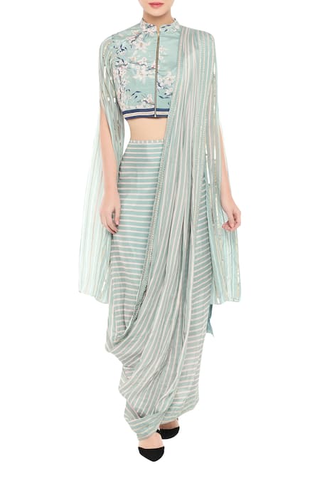 Buy_Soup By Sougat Paul_Blue Crepe Floral, Sequin, Striped Mandarin Pre-pleated Skirt Saree With Blouse _Online_at_Aza_Fashions