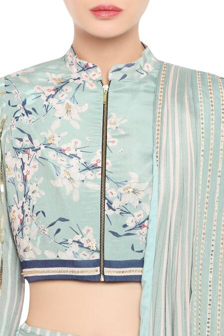 Shop_Soup By Sougat Paul_Blue Crepe Floral, Sequin, Striped Mandarin Pre-pleated Skirt Saree With Blouse _Online_at_Aza_Fashions