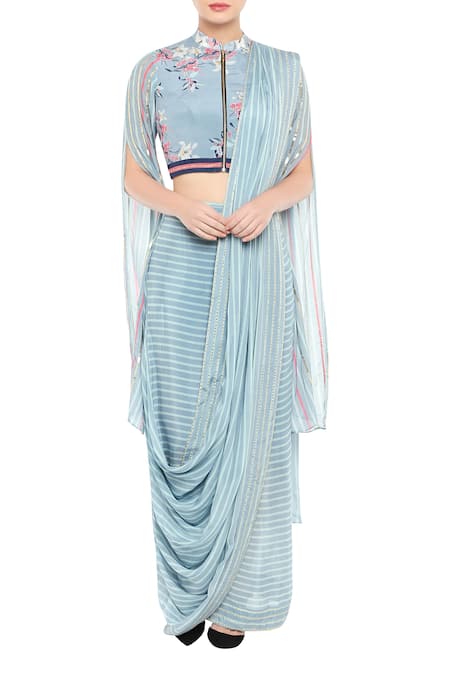 Soup By Sougat Paul_Blue Crepe Floral, Sequin, Striped Mandarin Pre-pleated Skirt Saree With Blouse _Online_at_Aza_Fashions