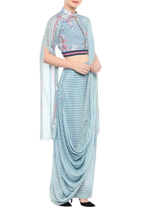 Buy_Soup By Sougat Paul_Blue Crepe Floral, Sequin, Striped Mandarin Pre-pleated Skirt Saree With Blouse _Online_at_Aza_Fashions
