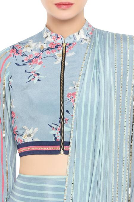 Shop_Soup By Sougat Paul_Blue Crepe Floral, Sequin, Striped Mandarin Pre-pleated Skirt Saree With Blouse _Online_at_Aza_Fashions