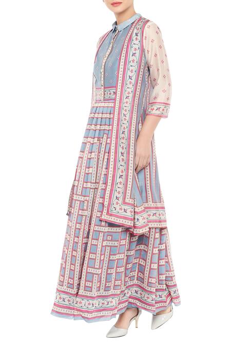 Buy Soup By Sougat Paul Blue Collared Neck Chanderi Maxi Dress With Jacket Online at Aza Fashions Buy_Soup By Sougat Paul_Blue Collared Neck Chanderi Maxi Dress With Jacket_Online_at_Aza_Fashions