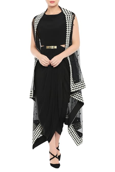Soup By Sougat Paul_Black Crepe Round Draped Dress With Cape _Online_at_Aza_Fashions