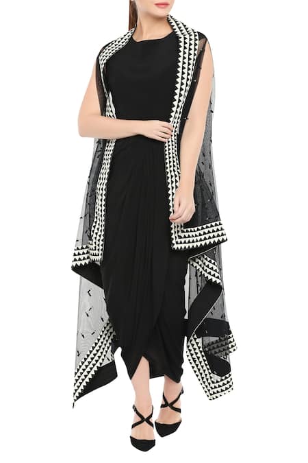 Buy_Soup By Sougat Paul_Black Crepe Round Draped Dress With Cape _Online_at_Aza_Fashions