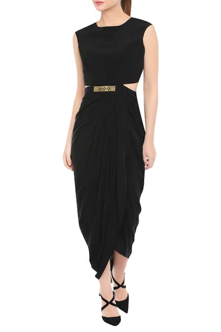 Shop_Soup By Sougat Paul_Black Crepe Round Draped Dress With Cape _Online_at_Aza_Fashions