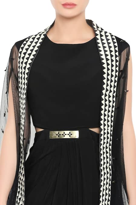 Soup By Sougat Paul_Black Crepe Round Draped Dress With Cape _at_Aza_Fashions