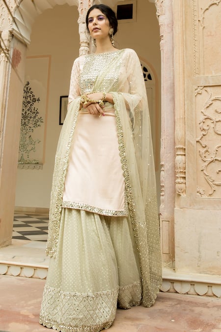 Abhinav Mishra Green Mirror Embroidered Kurta Sharara Set