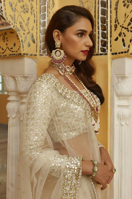 Abhinav Mishra_Off White Hand Embroidered Lehenga Set_Online_at_Aza_Fashions