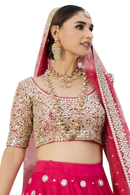 Buy_Abhinav Mishra_Pink Raw Silk Mirror Embellished Deep And Sequin Embroidered Bridal Lehenga Set_Online_at_Aza_Fashions