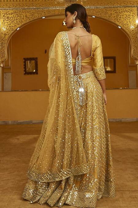 Shop_Abhinav Mishra_Gold Mirror Jaal Embroidered Lehenga Set_at_Aza_Fashions