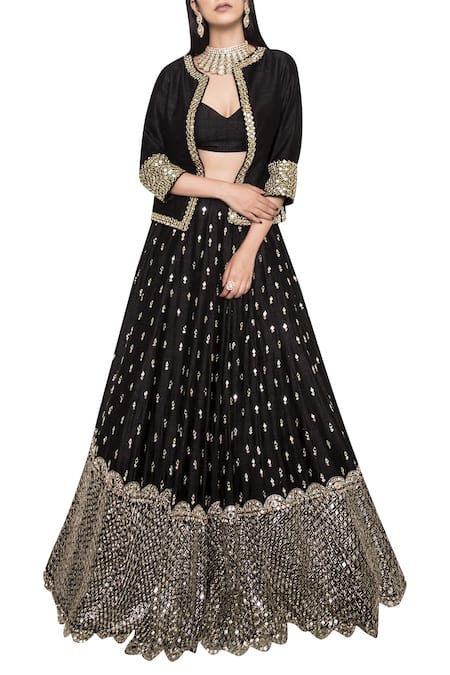 Shop_Abhinav Mishra_Black Raw Silk Mirror Embroidered Round Neckline Embellished Jacket Lehenga Set_at_Aza_Fashions