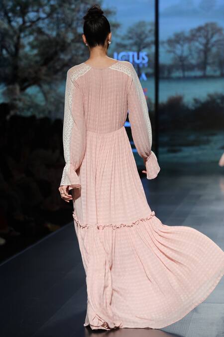 Shop_Shruti Sancheti_Pink Cross Stitch V Neck Ruffle Detail Maxi Dress_at_Aza_Fashions