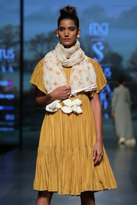 Shruti Sancheti_Yellow Mul Plain Round Midi Dress With Lace Detailing _Online_at_Aza_Fashions