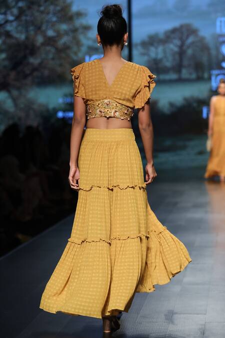 Shop_Shruti Sancheti_Yellow Cross Stitch Floral V Neck Tiered Skirt With Embroidered Crop Top _at_Aza_Fashions
