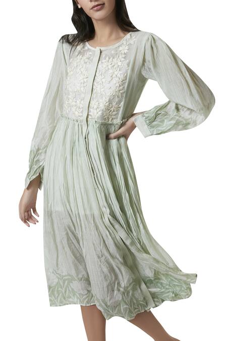 Shruti Sancheti Green Mul Floral Round Embroidered Dress By Shruti Sancheti Online at Aza Fashions Shruti Sancheti_Green Mul Floral Round Embroidered Dress By Shruti Sancheti_Online_at_Aza_Fashions