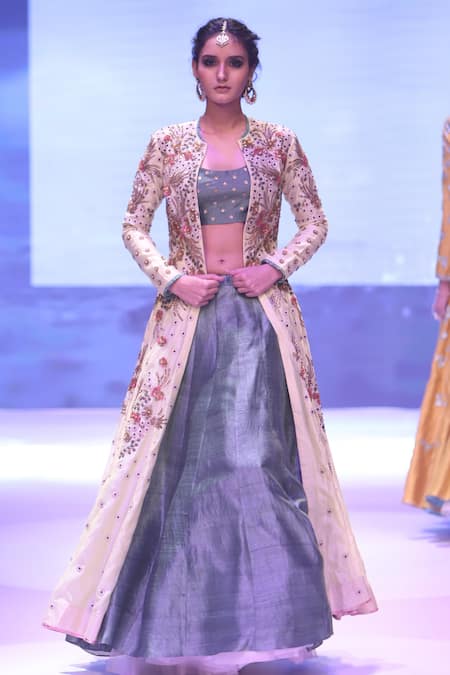 Ivory Printed Lehenga With Embroidery Quilted Jacket - Rohit Bal