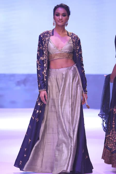 Shop_Joy Mitra_Blue Embroidery Open Jacket Lehenga Set _at_Aza_Fashions