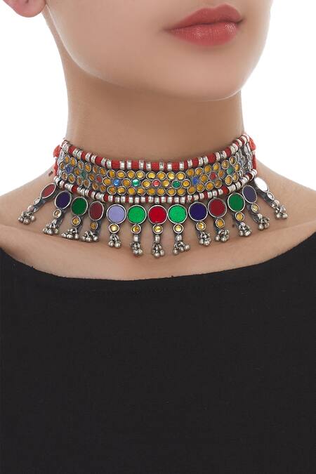 Shop_Motifs By Surabhi Didwania_Multi Color Glass Embellished Choker Necklace_at_Aza_Fashions