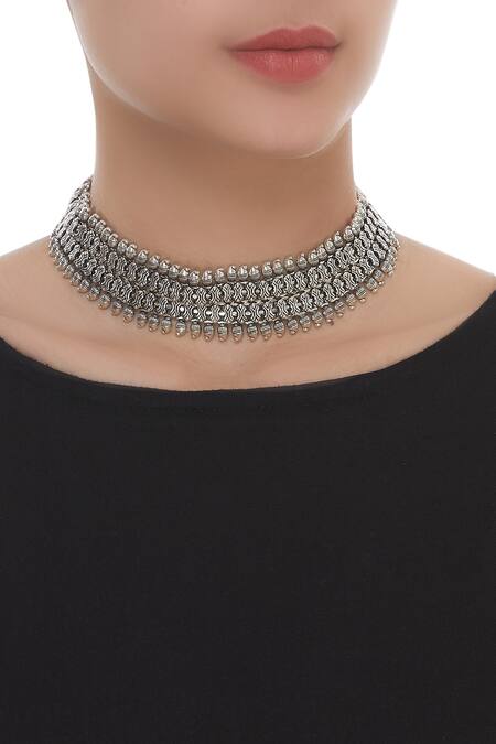 Shop Motifs By Surabhi Didwania Silver Plated Baroque Handcrafted Choker Necklace at Aza Fashions Shop_Motifs By Surabhi Didwania_Silver Plated Baroque Handcrafted Choker Necklace_at_Aza_Fashions