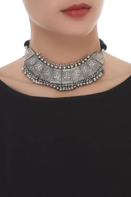 Shop_Motifs By Surabhi Didwania_Silver Plated Ganesha Baroque Choker Necklace_at_Aza_Fashions