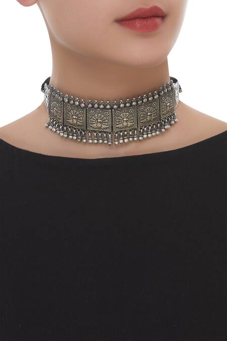 Shop_Motifs By Surabhi Didwania_Silver Plated Baroque Choker Necklace_at_Aza_Fashions