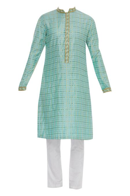 Kunal Anil Tanna_Blue Chanderi Embroidery Checkered Kurta Set  _Online_at_Aza_Fashions