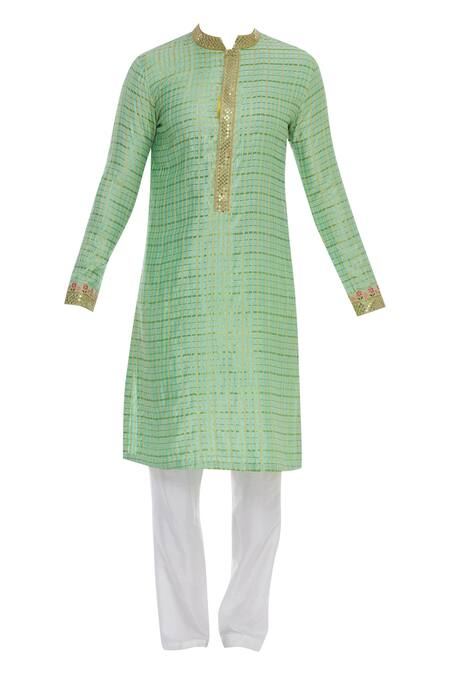 Kunal Anil Tanna_Green Chanderi Embroidered Checkered Sequin Kurta Set  _Online_at_Aza_Fashions