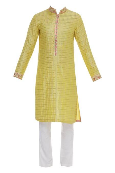 Kunal Anil Tanna_White Chanderi Embroidery Sequin Checkered Kurta With Pants  _Online_at_Aza_Fashions