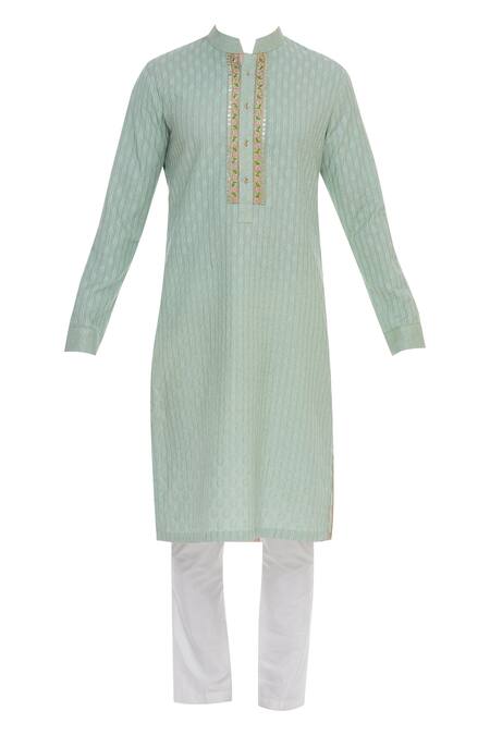 Kunal Anil Tanna_White Chanderi Embroidery Sequin Thread Kurta Set  _Online_at_Aza_Fashions