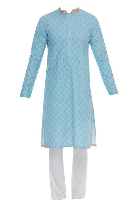 Kunal Anil Tanna_Blue Chanderi Embroidery Zari And Thread Kurta Set  _Online_at_Aza_Fashions