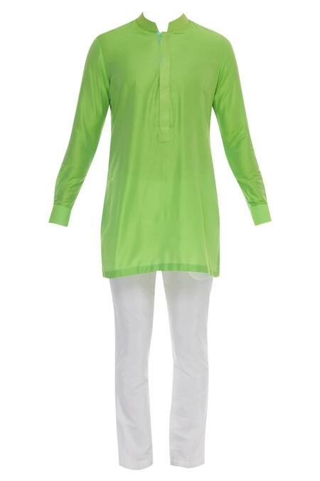 Kunal Anil Tanna_Green Spun Silk Embroidery Buti Bundi And Kurta Set  _Online_at_Aza_Fashions