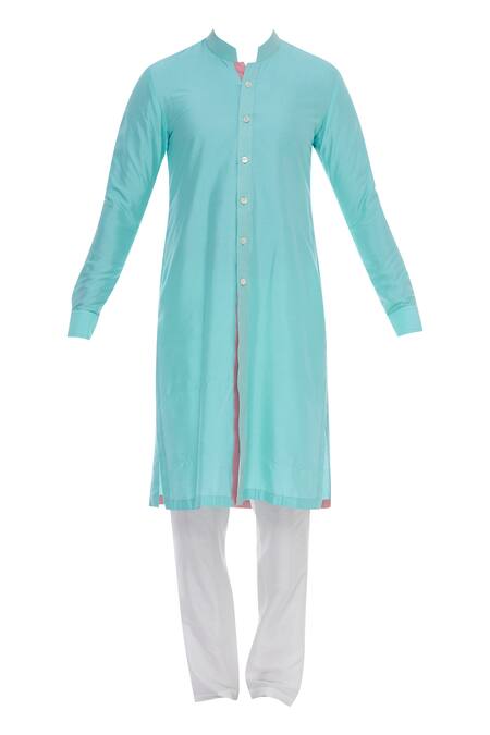 Kunal Anil Tanna_Blue Spun Silk Zari Embroidery Open Bundi And Kurta Set  _Online_at_Aza_Fashions