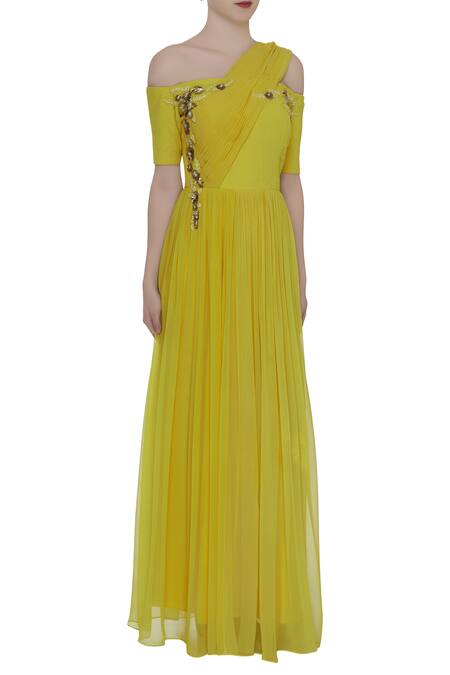 Ridhi Arora_Yellow Embellished Draped Gown_Online_at_Aza_Fashions