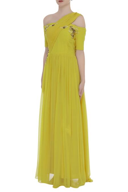 Buy_Ridhi Arora_Yellow Embellished Draped Gown_Online_at_Aza_Fashions